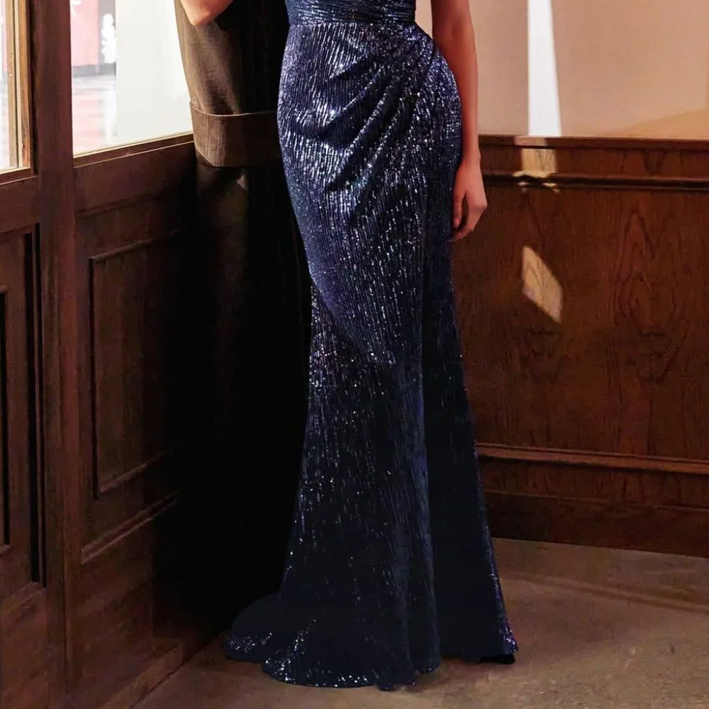 NEW NAVY WEDDING FORMLA PARTY One Shoulder Sheath Shape Prom Dress CDCH182 - Picture 2 of 6